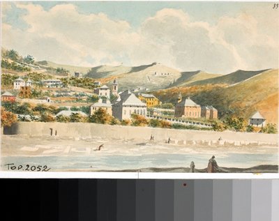 Udsigt over Marassi-bakken med klokketårn i Santa margherita-kirken nær Genova (akvarel, ca 1825) af Luigi Garibbo