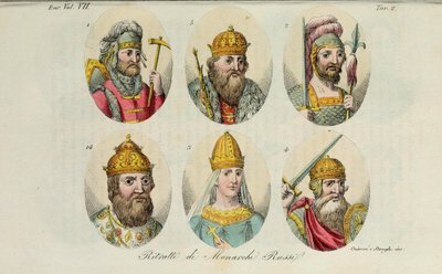 1. Rurik 2. Igor af Kiev 3. Olga 4. Sviatoslav 5. Vladimir den Store 14. Ivan IV fra Den antikke kostume af Giulio Ferrario, 1831 af Luigi Giarrè