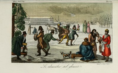 Skøjtebane. Illustration fra antikke og moderne skikke eller regeringshistorie af Giulio Ferrario, 1831 af Luigi Giarrè