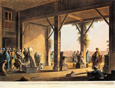Egyptiske antikviteter i gården til et Boulaq-hus fra Views in Egypt af Luigi Mayer, gravering af Luigi Mayer