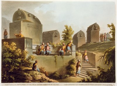 Sarkofager og gravmæle ved havnehovedet i Cacamo, fra "Views in the Ottoman Empire", udgivet af Robert Bowyer (1758-1834) 1803 (akvatint) af Luigi Mayer