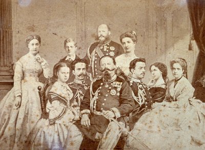 Billedet viser forskellige medlemmer af den kongelige familie i Savoyen. I midten sidder Victor Emmanuel II, Umberto I og Amedeo i fuld uniform; regentens døtre og Elisabetta af Sachsen i elegant tøj. I baggrunden, til venstre af Luigi Montabone