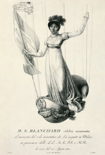 Portræt af den franske ballonfarer Sophie Blanchard under hendes flyvning i Milano, Italien, 1811 af Luigi Rados