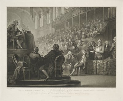 Toespraak van Lodewijk XVI Lewis den sekstendes mindeværdige adresse i baren ved National Convention (titel på objekt) af Luigi Schiavonetti