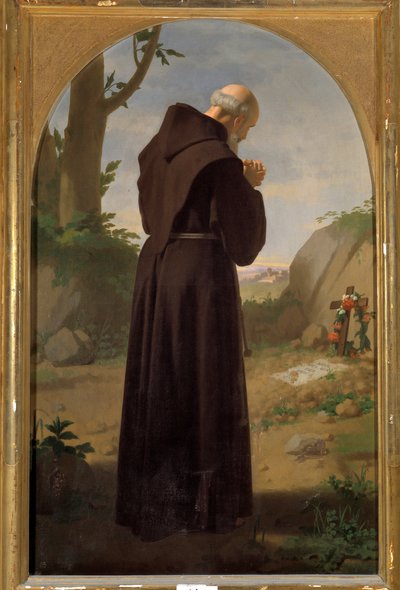 Munk beder foran en grav (olie på lærred af Luigi Sciallero
