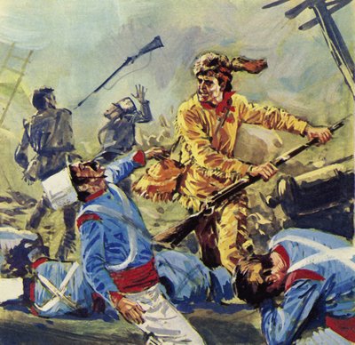 Davy Crockett faldt til sidst for de uophørlige mexicanske angreb (farvelitografi) af Luis Arcas Brauner