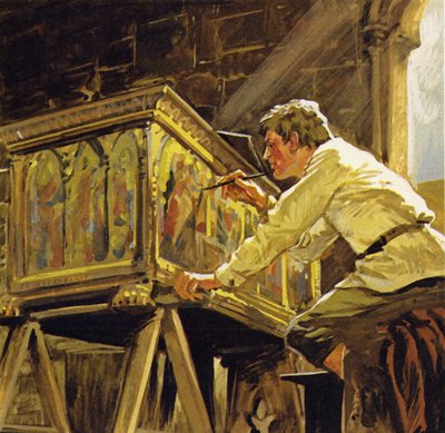 Duccio di Buoninsegna arbejdede i Siena med at dekorere æsker (farvelitografi) af Luis Arcas Brauner