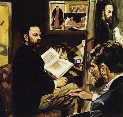 Emile Zola forudsagde, at Manets værk ville komme til at hænge på Louvre (farvelitografi) af Luis Arcas Brauner