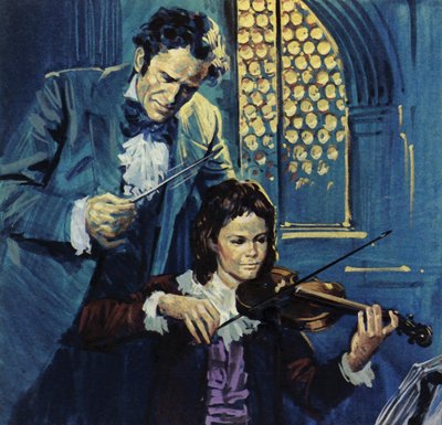 Eugene Delacroix var et skrøbeligt barn, der tidligt viste talent for violinspil (farvelitografi) af Luis Arcas Brauner
