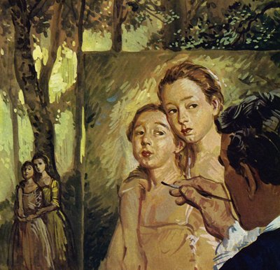 Gainsborough malede ofte portrætter af sine to døtre (farvelitografi) af Luis Arcas Brauner