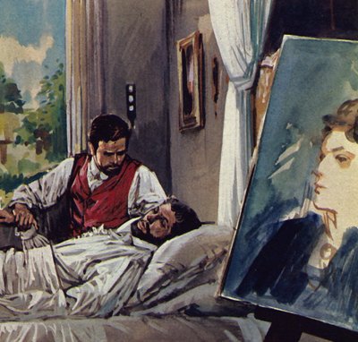 Manet døde i armene på sin ven Chabrier (farvelitografi) af Luis Arcas Brauner