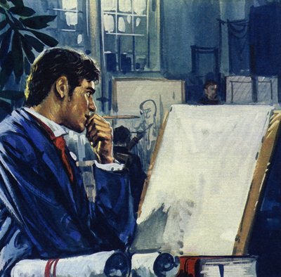 Manet fik et valg af sin far: embedsværket eller flåden (farvelitografi) af Luis Arcas Brauner