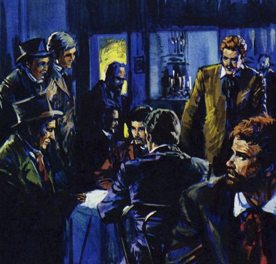 Café Guerbois blev mødestedet for Renoirs venner (farvelitografi) af Luis Arcas Brauner