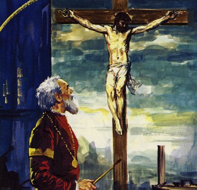 Tizian malede mange billeder til kong Phillip II af Spanien, bl.a. hans berømte korsfæstelse (farvelitografi). af Luis Arcas Brauner