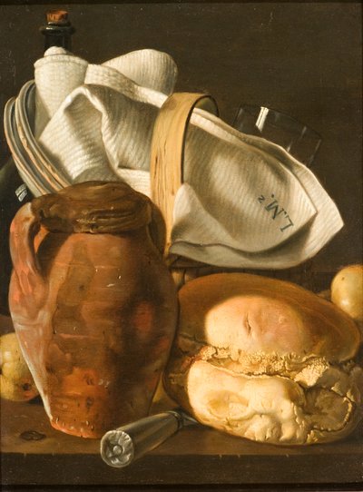 Stilleben med brød, en kande og en serviet, efter cirka 1830 (olie på lærred) af Luis Egidio Melendez