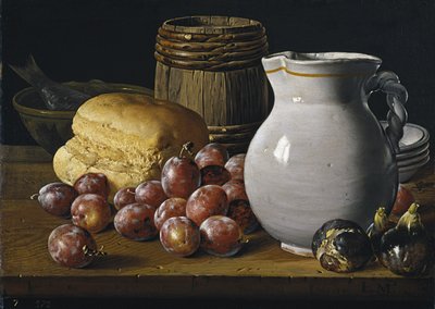 Stilleben med blommer, figner, brød og kande, Anden halvdel af 1700-tallet af Luis Egidio Melendez