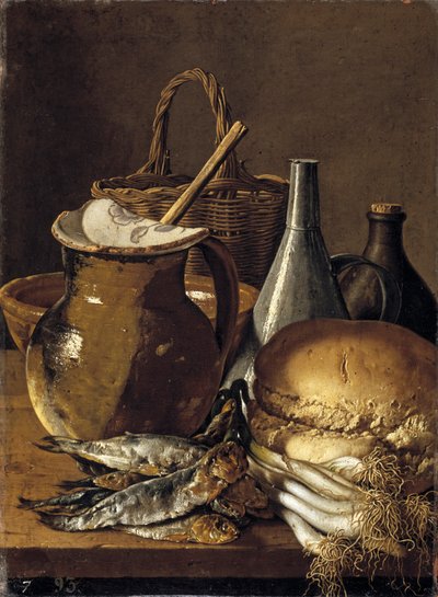 Stilleben med sild, purløg, brød og køkkenredskaber af Luis Egidio Melendez