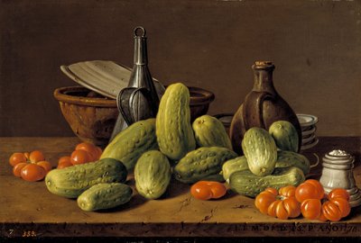 Spansk: Bodegón con pepinos, tomates y recipientes Stilleben med agurker, tomater og beholdere af Luis Egidio Melendez