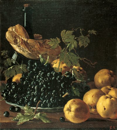 Stilleben med brød, æbler, druer og en flaske af Luis Egidio Melendez