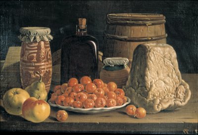 Stilleben med frugt og ost af Luis Egidio Menendez or Melendez