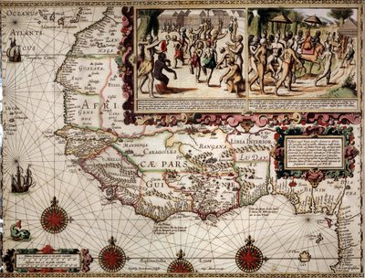 Geografisk kort over Guinee lavet af kartografen Luis Teixera (eller Teixeira), cirka 1586. Øverst til højre, repræsentation af en dansescene blandt de indfødte (afrikanere). af Luis Teixeira