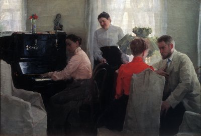 Pretendenten (en ung mand, der bejler under opsyn af to kvindelige chaperoner, hvoraf den ene spiller klaver) (Broom) - Maleri af Lukian Vasilyevich Popov (1873-1914), olie på lærred (54x80 cm) af Lukjan Vasilievich Popov