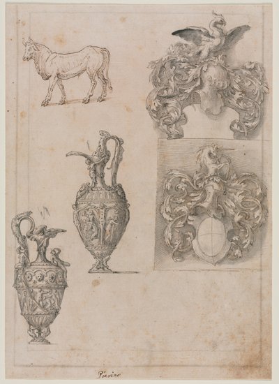 Design til to vaser, to våbenskjolde og en tyr (recto) af Luzio Romano