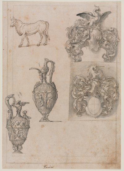 Design til to vaser, to våbenskjolde og en bull recto, midten af 1500-tallet. af Luzio Romano