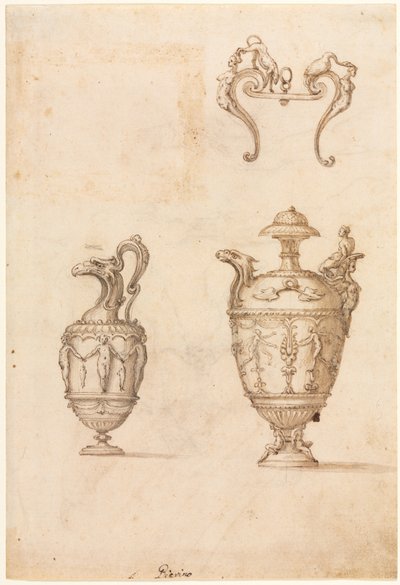 Design til to vaser og et ornament (recto) af Luzio Romano