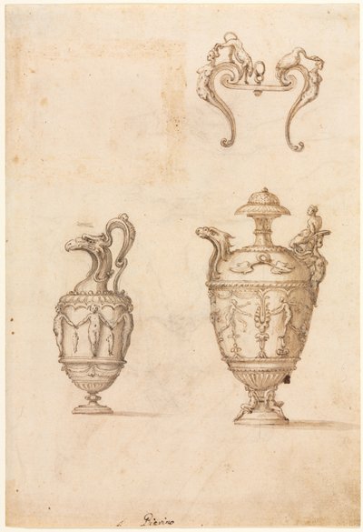 Design til to vaser og et ornament recto, midten af 1500-tallet. af Luzio Romano