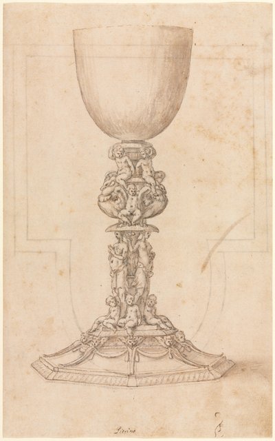 Design til en kalk recto arkitektonisk plan verso, midten af 1500-tallet. af Luzio Romano