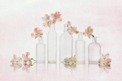 Lyserøde blomster og glas af Lydia Jacobs
