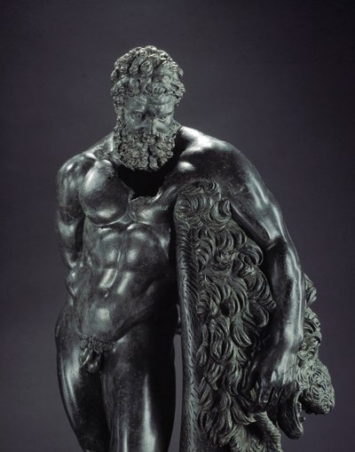Græsk kunst: "" Herakles i hvile"" Detalje - Bronzeskulptur af Lysippe af Sicyone (395-305 f.Kr.) 4. århundrede f.Kr., fra helligdommen for Ercole Curino, Sulmona - Museo Nazionale Archeologico, Chieti Italien - Herakles (Hercules) hviler - Detalje af bron af Lysippos (attributed to)