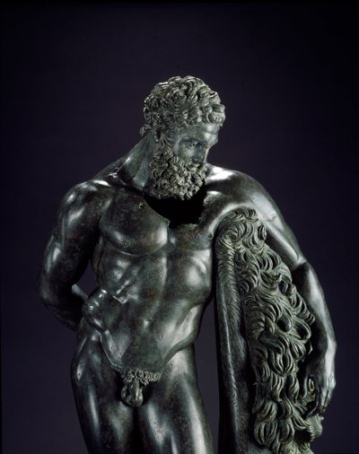 Græsk kunst: ""Herakles i hvile"" Detalje. Bronzeskulptur af Lysippe af Sicyone (395-305 f.Kr.) 4. århundrede f.Kr. Fra Ercole Curinos helligdom, Sulmona. Museo Nazionale Archeologico, Chieti Italien - Herakles (Hercules) hviler - Detalje af bronzeskulptur af Lysippos (attributed to)