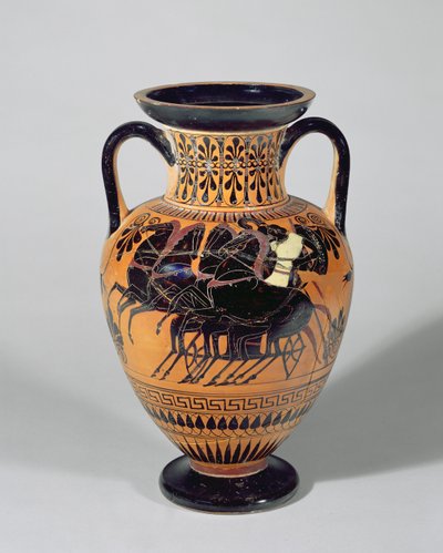 Attic sort-figur Amphora viser en vogn på hjul, 520-500 f.Kr. (ler) af Lysippos
