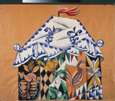 Skitse af gardinet til skuespillet "" Af paven og hans kammertjener Balda "", af Alexander Pushkin (1799-1837). Værk af Lyubov (Lioubov) Sergeyevna Popova (1889-1924), collage, gouache og bronze på papir af Lyubov Sergeevna Popova