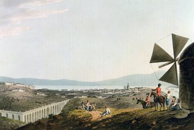 Lissabon og Alcantara-akvædukten, indgraveret af I. Clark af M. (after) Bradford