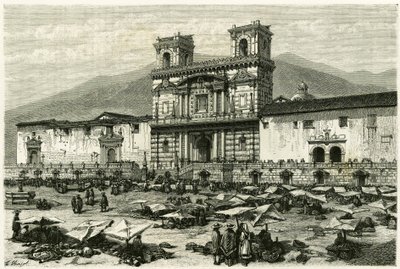 Katedralen i Quito (hovedstad i det nuværende Ecuador) og den populære underholdning på pladsen. Gravering af Clerget og Ferdinandus, for at illustrere historien "Equinoxiale America"" af M. (after) Ferdinandus