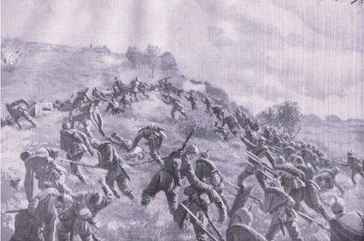 Genindtagelsen af Szawle. Storming the ridge, fra The Illustrated History of the World War 1914-1915 pub. af Union Berlagsefellfchaft af M. Barascudts
