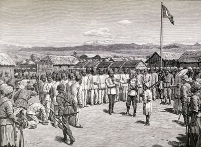 Sir Henry Morton Stanley taler til oprørsofficerer i Kavalli, 1890 (trægravering) af M. Schonberg