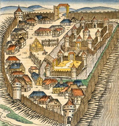 Sabatz, illustration fra "Liber Chronicle" (Nürnberg-krøniken) af Hartmann Schedel (1440-1514), udgivet af Hartmann Schedel (1440-1514). Nürnberg, 1493 (håndkoloreret stik) af M. and Pleydenwurff, W. Wolgemuth
