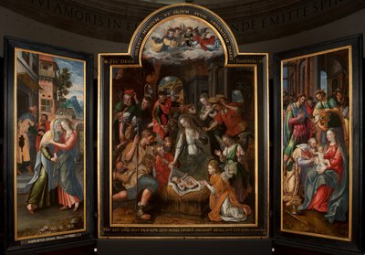 Tilbedelse af Magi, Triptykon, Centralpanel, detalje, maleri på træ af Maarten de Vos