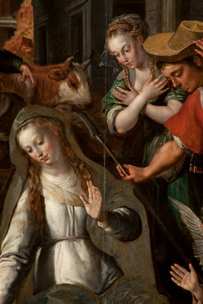 Tilbedelse af Magi, Triptykon, Centralpanel, detalje, maleri på træ af Maarten de Vos
