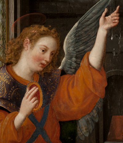 Tilbedelse af Magi, Triptykon, Venstre panel, bagside, detalje, maleri på træ af Maarten de Vos