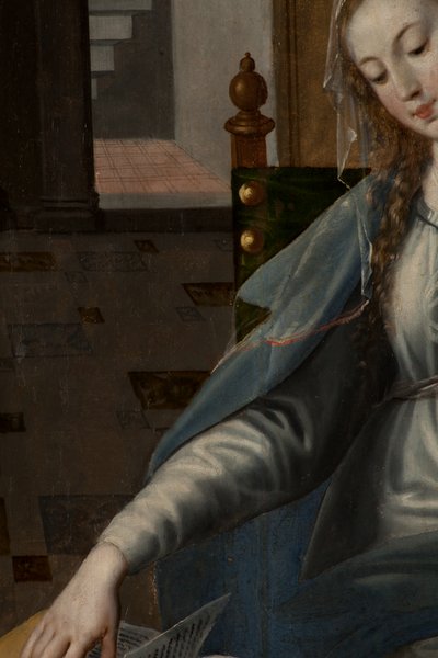 Tilbedelse af Magi, Triptykon, højre panel bagdel, detalje, maleri på træ af Maarten de Vos