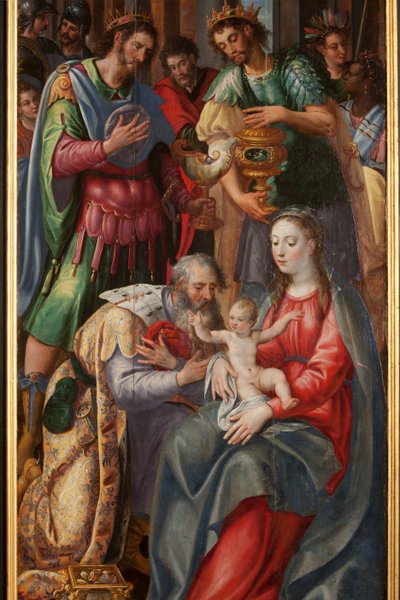 Tilbedelse af Magi, Triptykon, højre panel, detalje, maleri på træ af Maarten de Vos