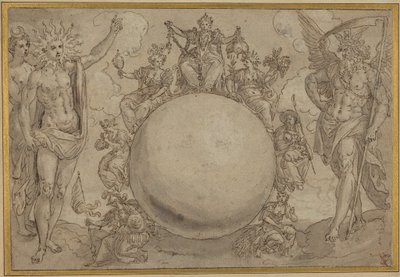 Apollo, Diana, and Time with the Cyclic Vicissitudes of Human Life, ca. 1561 (pen og brunt blæk med grå vask over spor af grafit, indridset til overførsel på lagenpapir) af Maarten de Vos