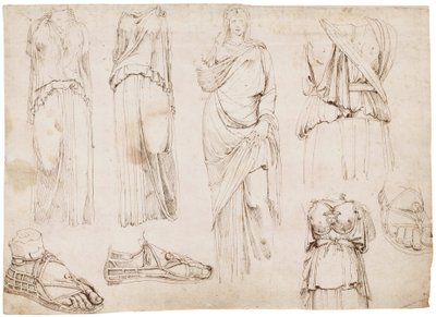 Kvindefigurer og sandaler, ca. 1498-1574 (rødt kridt, kuglepen og brunt blæk) af Maarten van Heemskerck (circle of)
