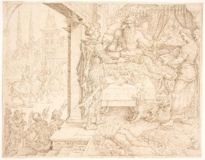 Ahasverus rådfører sig med Haman af Maarten van Heemskerck