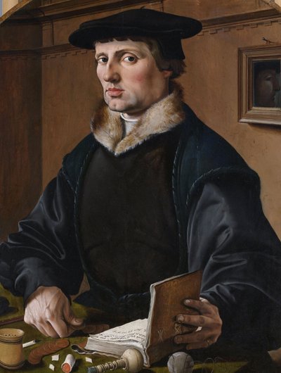 Tysk: Bildnis eines Kaufmanns (Pieter Bicker) Portræt af (muligvis) Pieter Gerritsz Bicker, vedhæng af (muligvis) hans kone Anna Codde af Maarten van Heemskerck